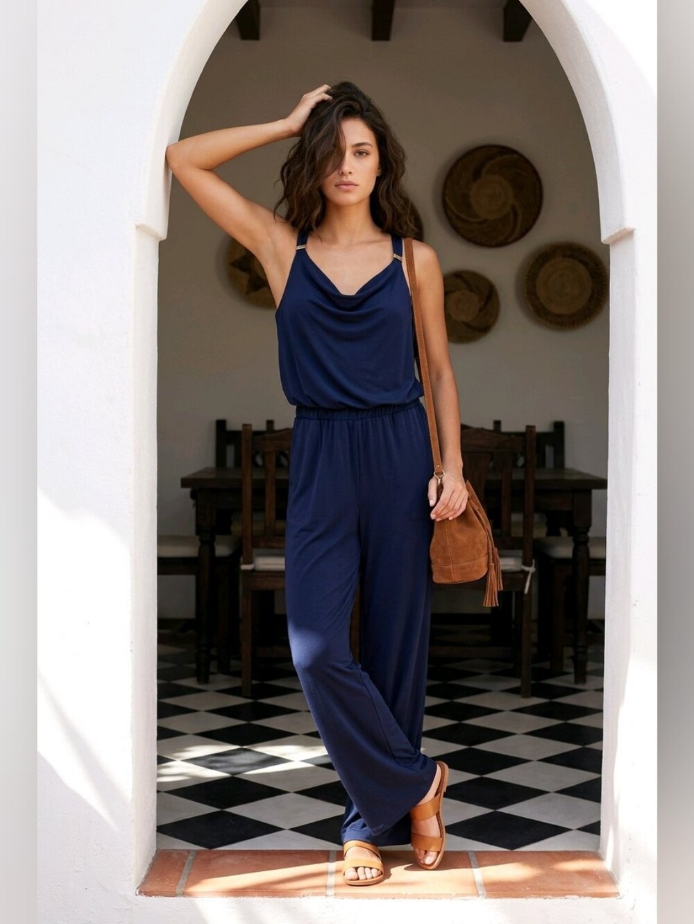 New York & Company Navy Blue Cowl Neck Jumpsuit Size M Tall 62" Long NWTs